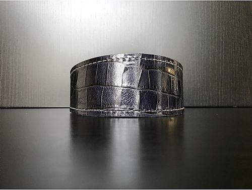 Lined Shiny Navy Blue Reptile Pattern - Whippet Leather Collar - Size M